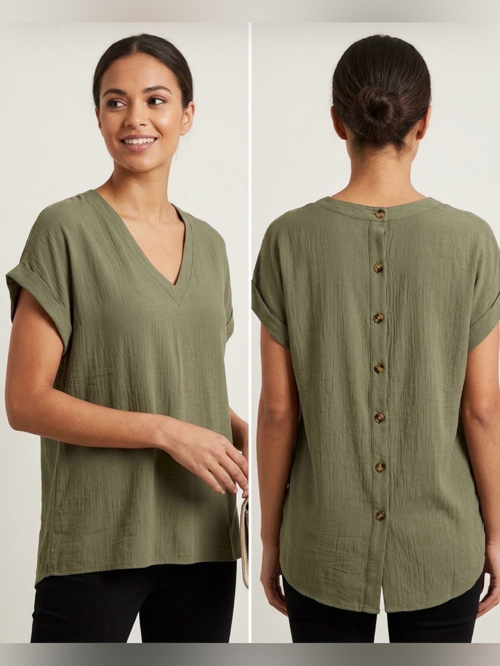 APRICOT Olive Green V-Neck Short Sleeve Tunic Top